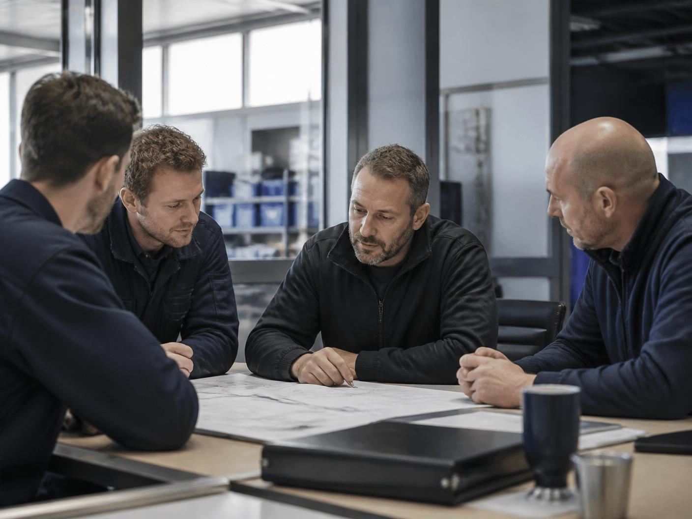 Small group of tradesmen reviewing business plans together at a table